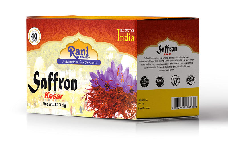 Rani Pure Saffron (Kesar) from India, Fragrant & Full Flavor, Great for Cooking, Tea & Medicinal, Grade A all red threads, 1gm (0.035oz), Pack of 12, PET Jar ~ All Natural, Salt-Free | Vegan | No Colors | Gluten Friendly | NON-GMO