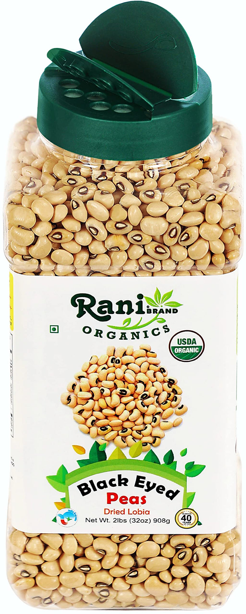 Rani Organic Black Eyed Peas (Dried Lobia) 32oz (2lbs) 908g PET Jar ~ All Natural | Vegan | Gluten Friendly | USDA Certified Organic