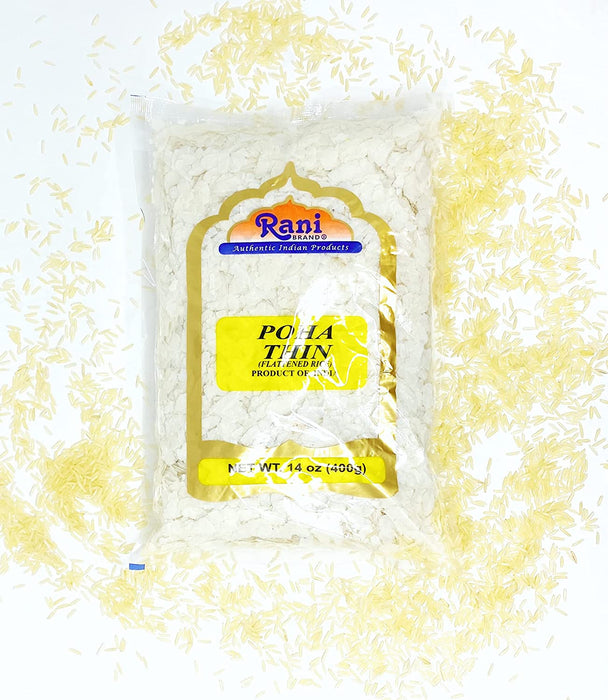 Rani Poha (Powa) Thin Cut (Flattened Rice) 14oz (400g) ~ All Natural, Salt-Free | Vegan | No Colors | Gluten Friendly | Indian Origin