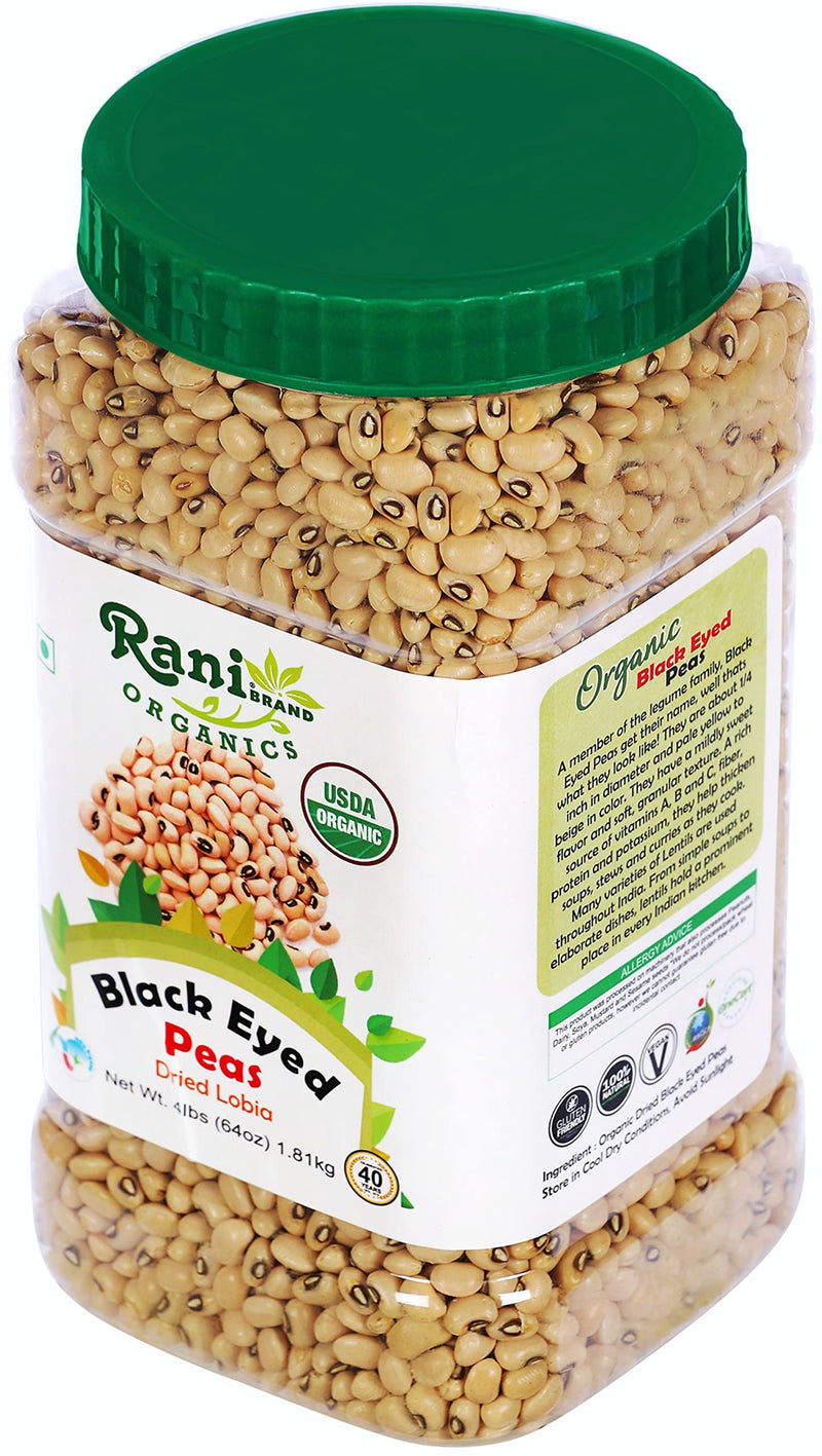 Rani Organic Black Eyed Peas (Dried Lobia) 64oz (4lbs) 1.81kg Bulk PET Jar ~ All Natural | Vegan | Gluten Friendly | NON-GMO| USDA Certified Organic