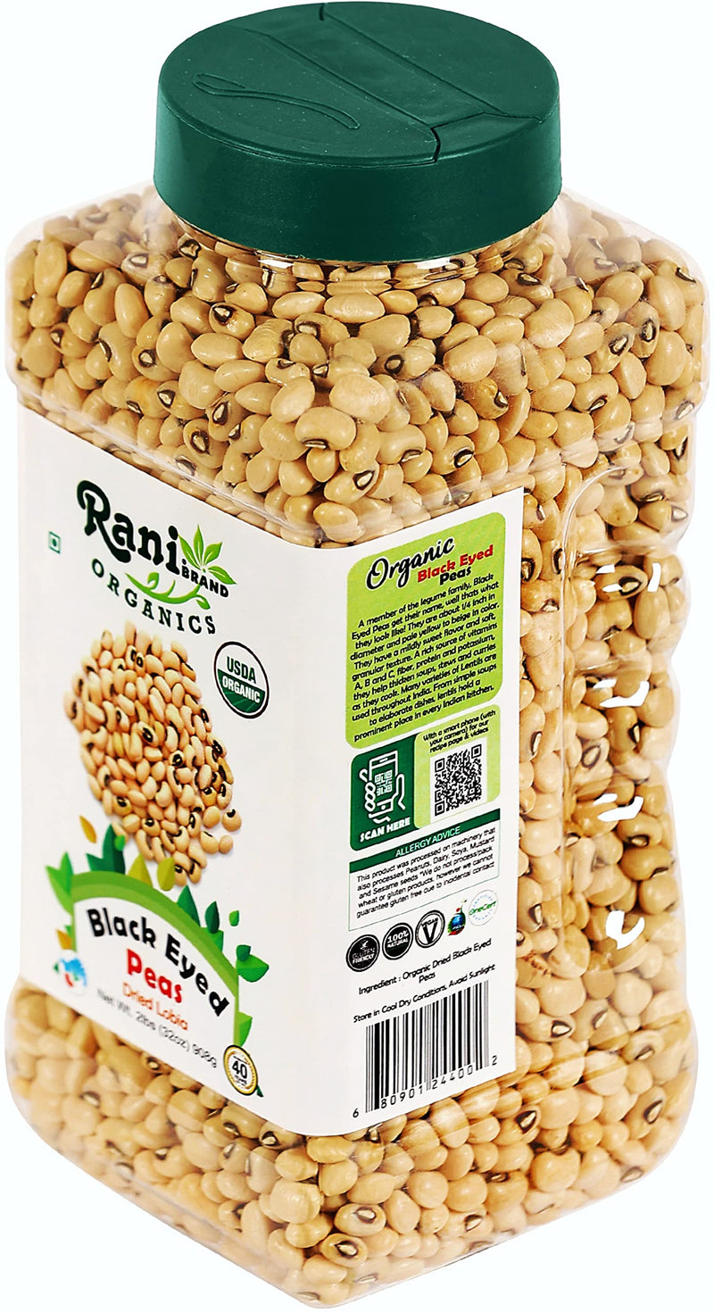 Rani Organic Black Eyed Peas (Dried Lobia) 32oz (2lbs) 908g PET Jar ~ All Natural | Vegan | Gluten Friendly | USDA Certified Organic