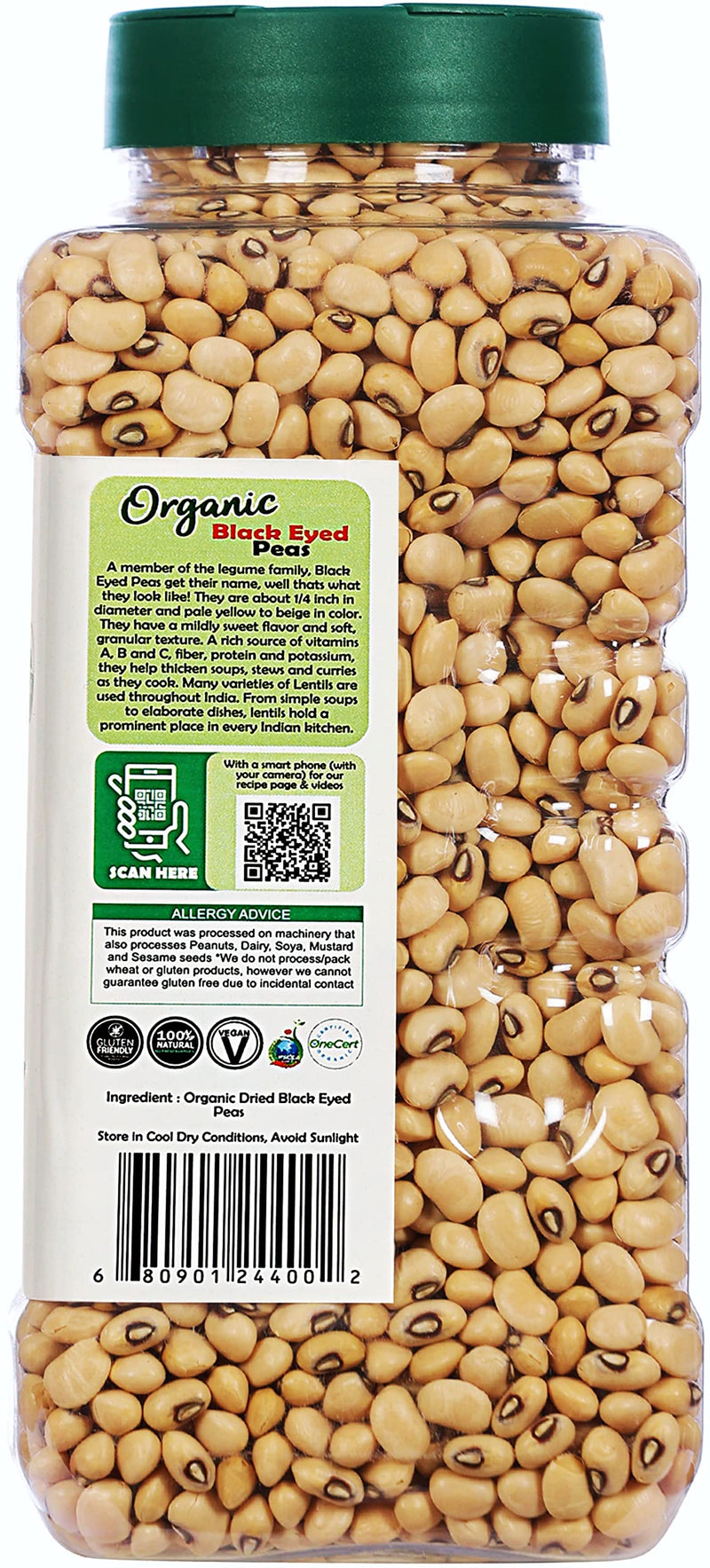 Rani Organic Black Eyed Peas (Dried Lobia) 32oz (2lbs) 908g PET Jar ~ All Natural | Vegan | Gluten Friendly | USDA Certified Organic