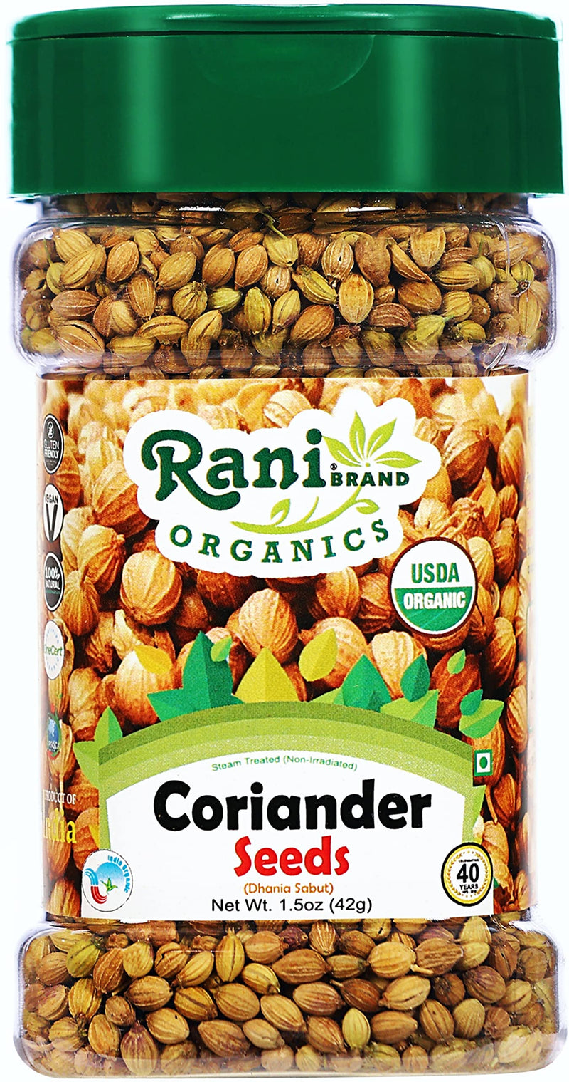 Rani Organic Coriander Seeds Whole (Dhania Sabut) 1.5oz (42g) PET Jar ~ All Natural | Vegan | Gluten Friendly | Indian Origin | USDA Certified Organic