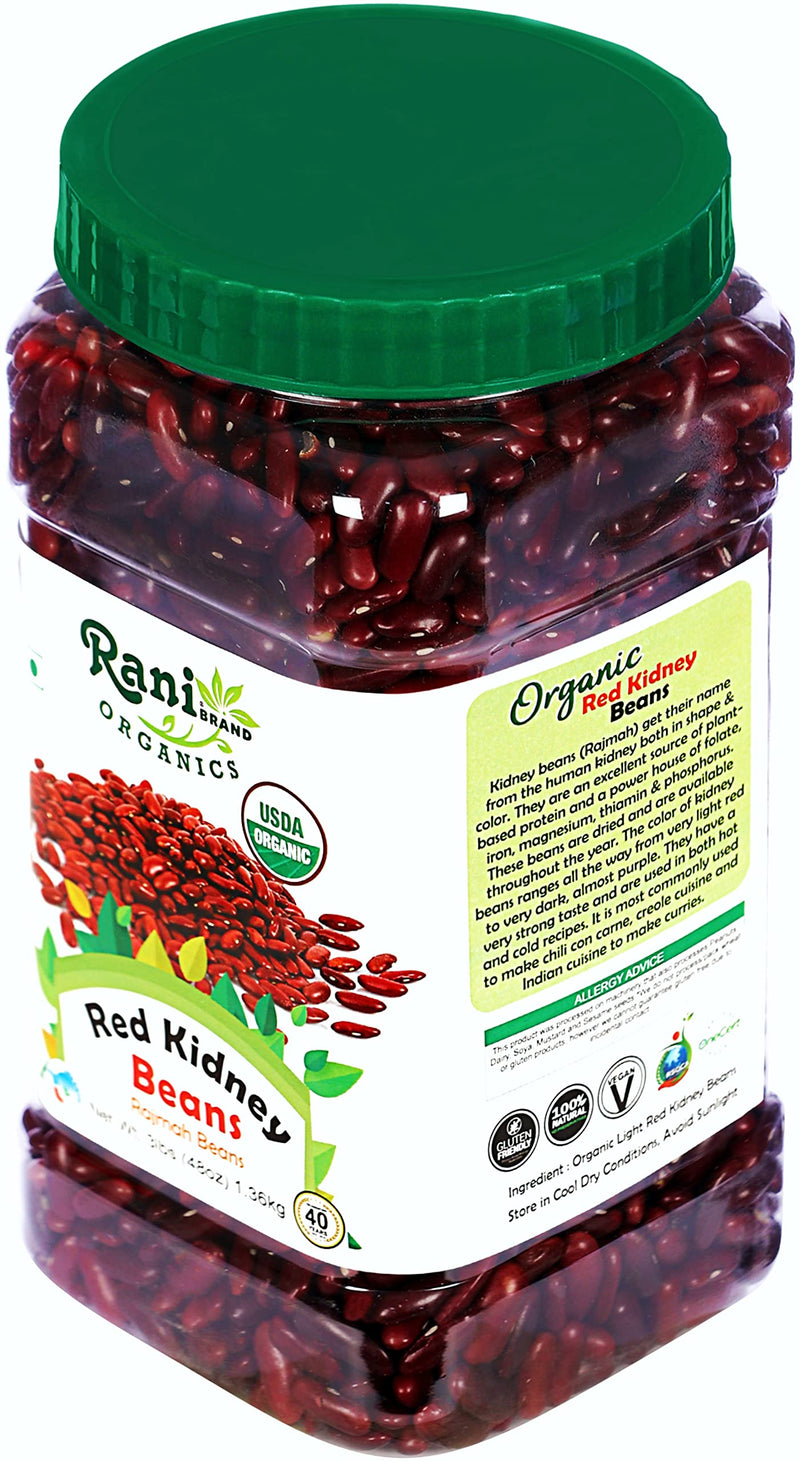 Rani Organic Red Kidney Beans (Rajmah Beans) Light 48oz (3lbs) 1.36kg Bulk PET Jar ~ All Natural | Vegan | Gluten Friendly | NON-GMO | Indian Origin