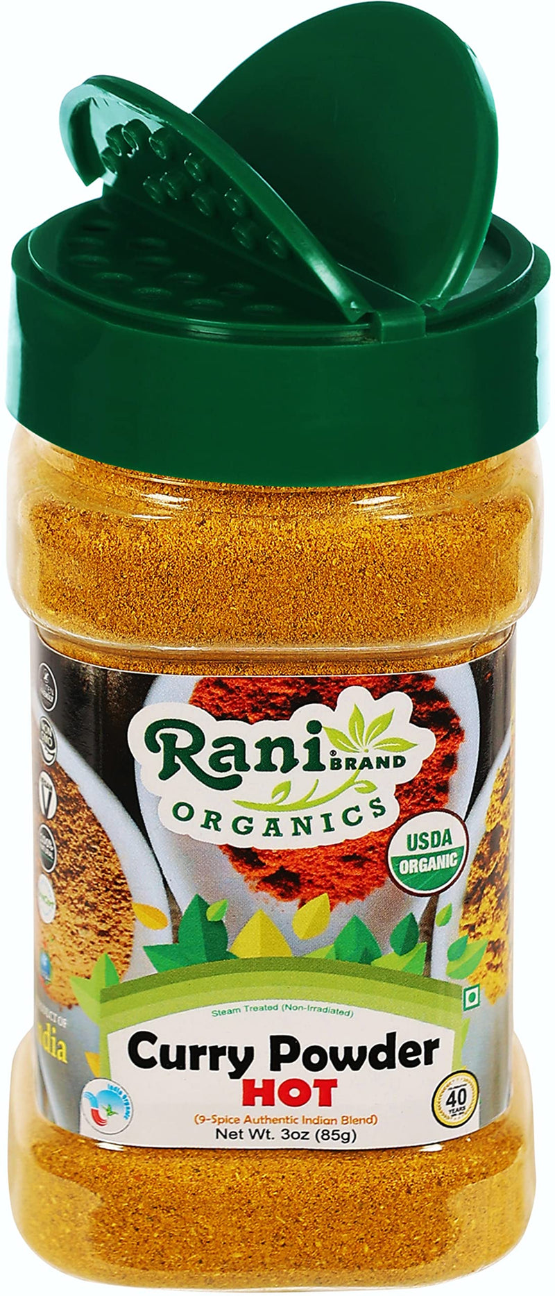 Rani Organic Curry Powder Hot (9-Spice Authentic Indian Blend) 3oz (85g) PET Jar ~ All Natural | Salt-Free | Gluten Friendly | USDA Certified Organic