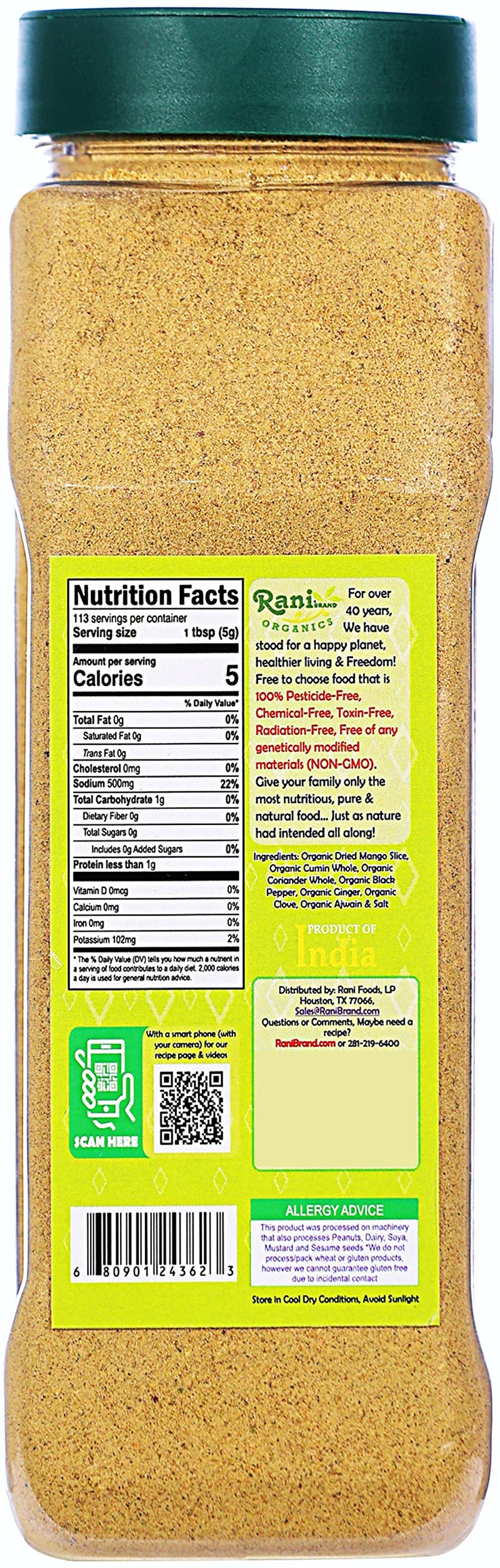 Rani Organic Chat Masala (8-Spice Seasoning Salt) Tangy Indian Seasoning 20oz (1.25lbs) 567g PET Jar ~ All Natural | USDA Certified Organic
