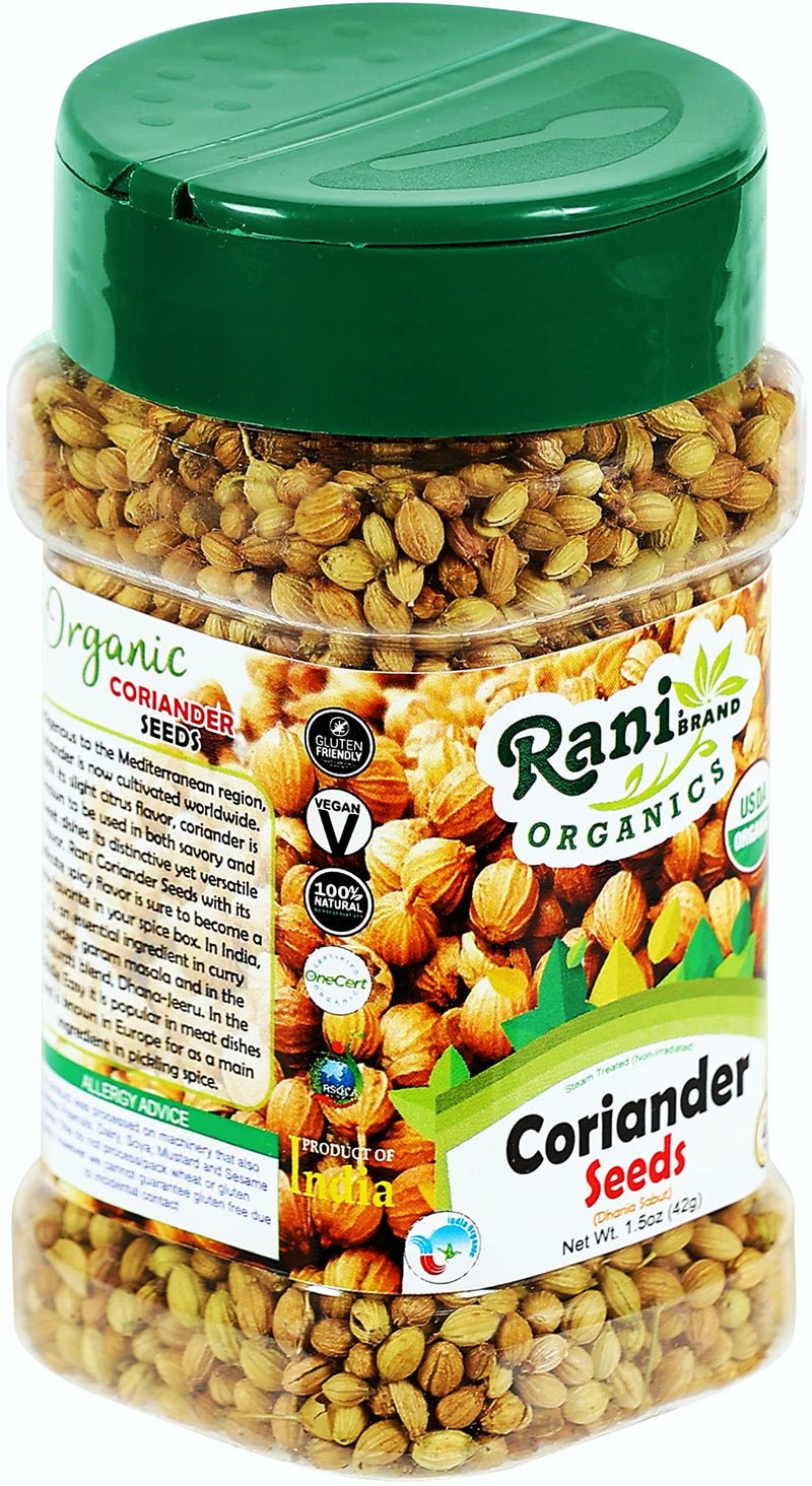 Rani Organic Coriander Seeds Whole (Dhania Sabut) 1.5oz (42g) PET Jar ~ All Natural | Vegan | Gluten Friendly | Indian Origin | USDA Certified Organic