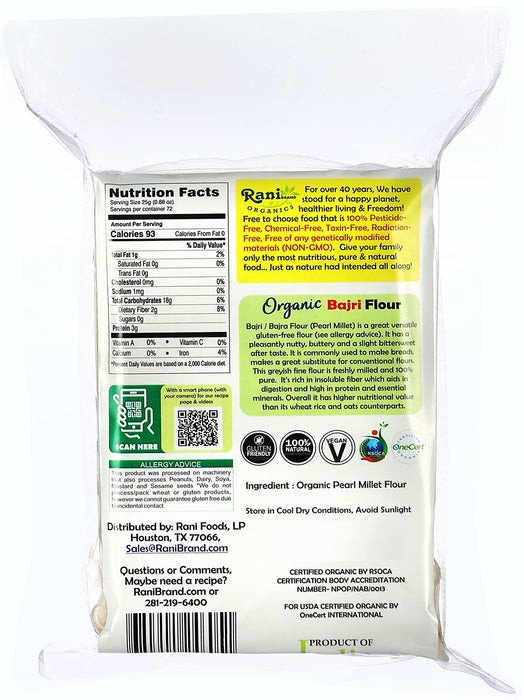 Rani Organic Bajri Flour (Pearl Millet) 64oz (4lbs) 1.81kg Bulk ~ All Natural | Gluten Friendly | NON-GMO | Indian Origin | USDA Certified Organic