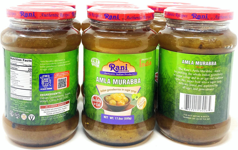 Rani Amla Murabba (Indian Gooseberries in Sugar Syrup) 17.5oz (1.1lbs) 500g Glass Jar, Pack of 5+1 FREE ~ All Natural | Vegan | Gluten Free | NON-GMO