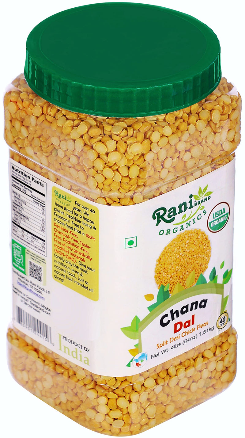 Rani Organic Chana Dal (Split Desi Chickpeas without skin) 64oz (4lbs) 1.81kg Bulk PET Jar ~ All Natural | Vegan | Gluten Friendly | NON-GMO