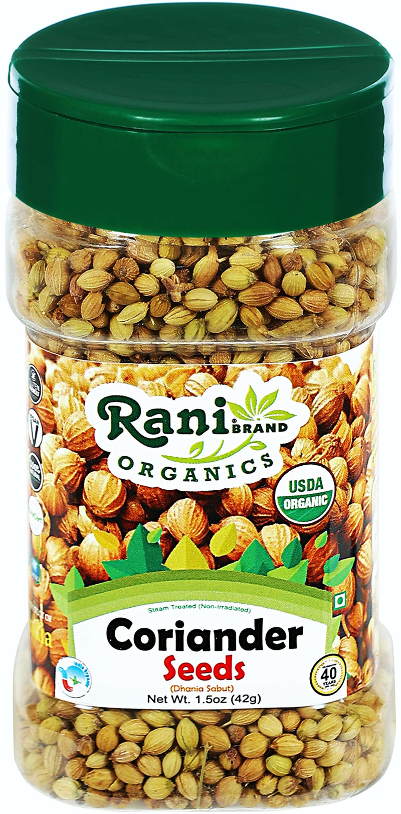 Rani Organic Coriander Seeds Whole (Dhania Sabut) 1.5oz (42g) PET Jar ~ All Natural | Vegan | Gluten Friendly | Indian Origin | USDA Certified Organic