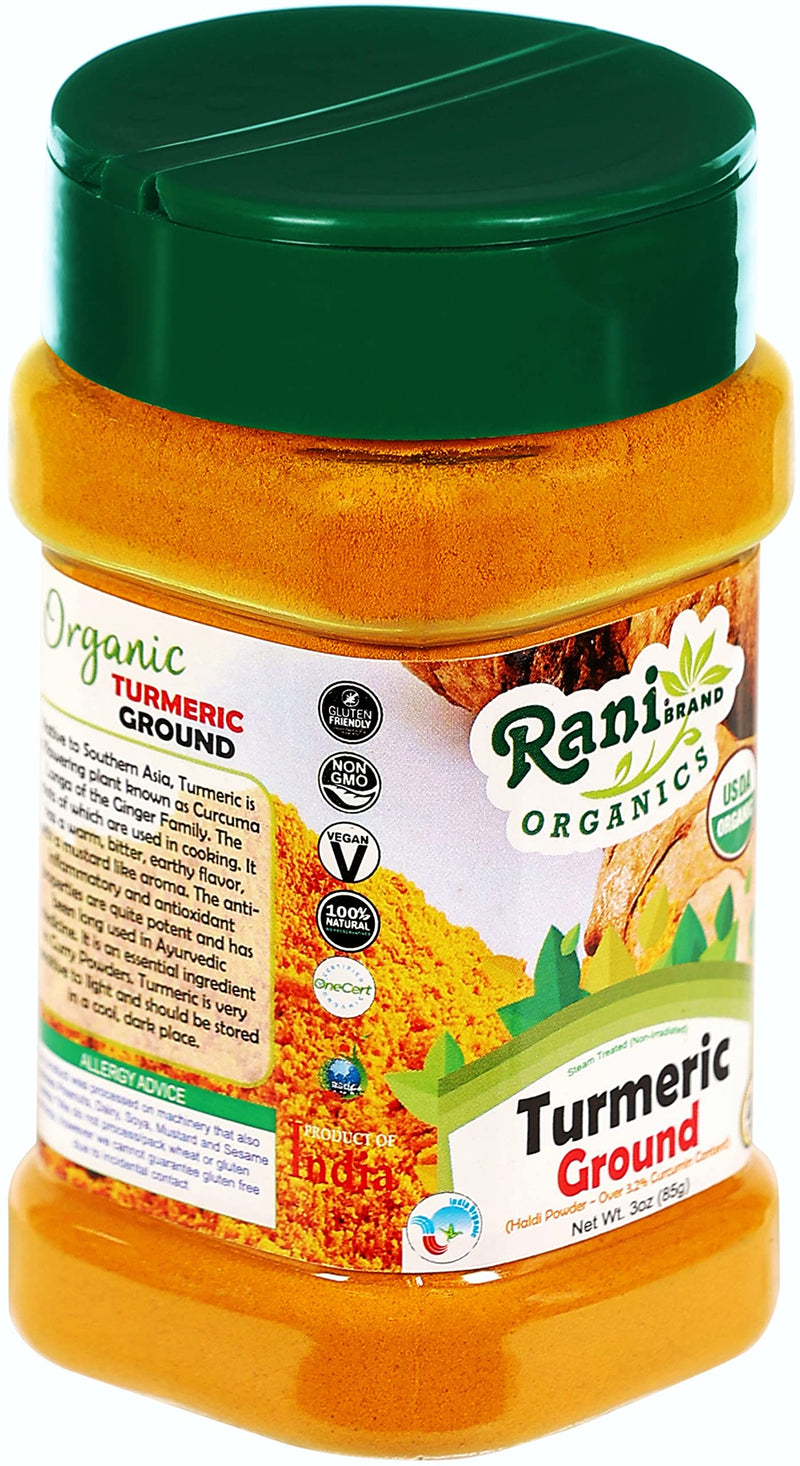 Rani Organic Turmeric (Haldi) Root Powder Spice, (High Curcumin Content) 3oz (85g) PET Jar ~ All Natural | Indian Origin | USDA Certified Organic