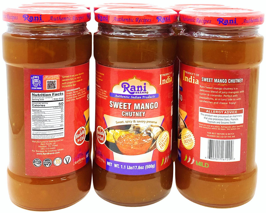 Rani Sweet Mango Chutney (Indian Preserve) 17.6oz (1.1lbs) 500g Glass Jar, Ready to eat, Vegan, Pack of 5+1 FREE ~ Gluten Free, All Natural, NON-GMO