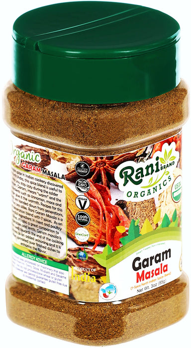 Rani Organic Garam Masala (7-Spice North Indian Spices Blend) 3oz (85g) PET Jar ~ All Natural | Salt-Free | Indian Origin | USDA Certified Organic