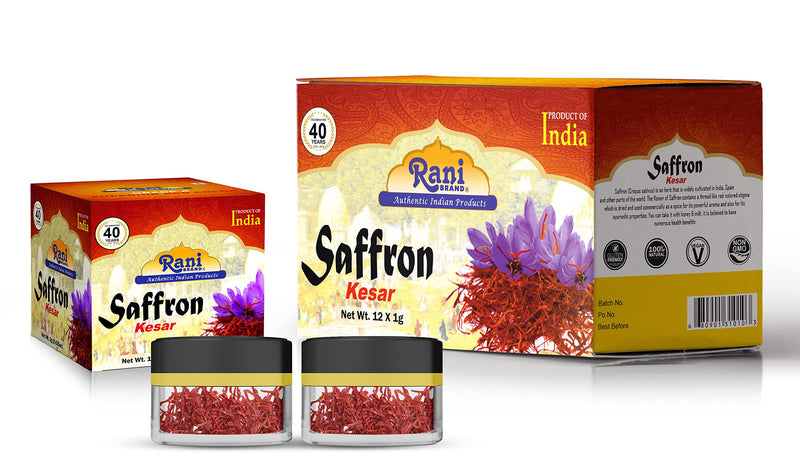 Rani Pure Saffron (Kesar) from India, Fragrant & Full Flavor, Great for Cooking, Tea & Medicinal, Grade A all red threads, 1gm (0.035oz), Pack of 12, PET Jar ~ All Natural, Salt-Free | Vegan | No Colors | Gluten Friendly | NON-GMO