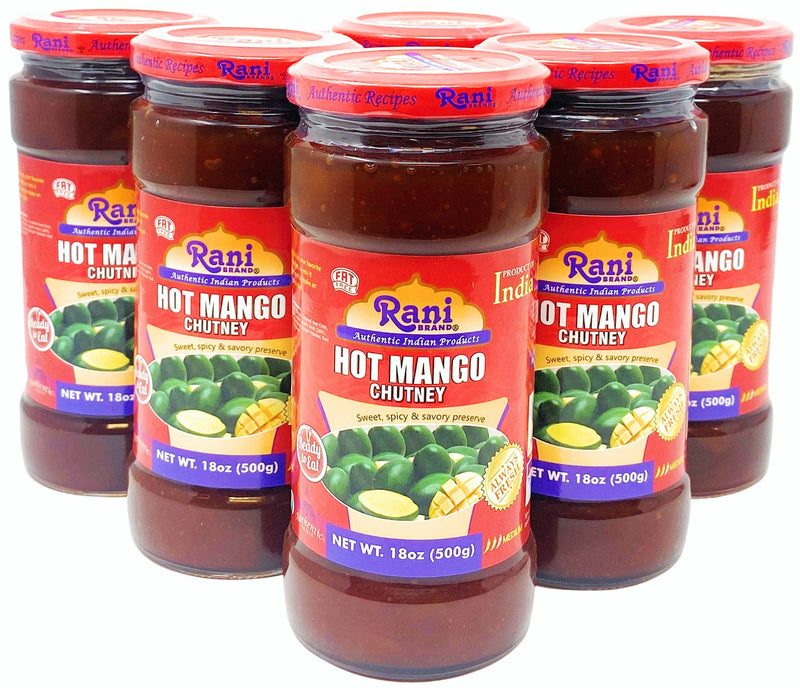 Rani Hot Mango Chutney (Spicy Indian Preserve) 18oz (1.1lbs) 500g Glass Jar, Ready to eat, Vegan, Pack of 5+1 FREE ~ Gluten Free, All Natural, NON-GMO