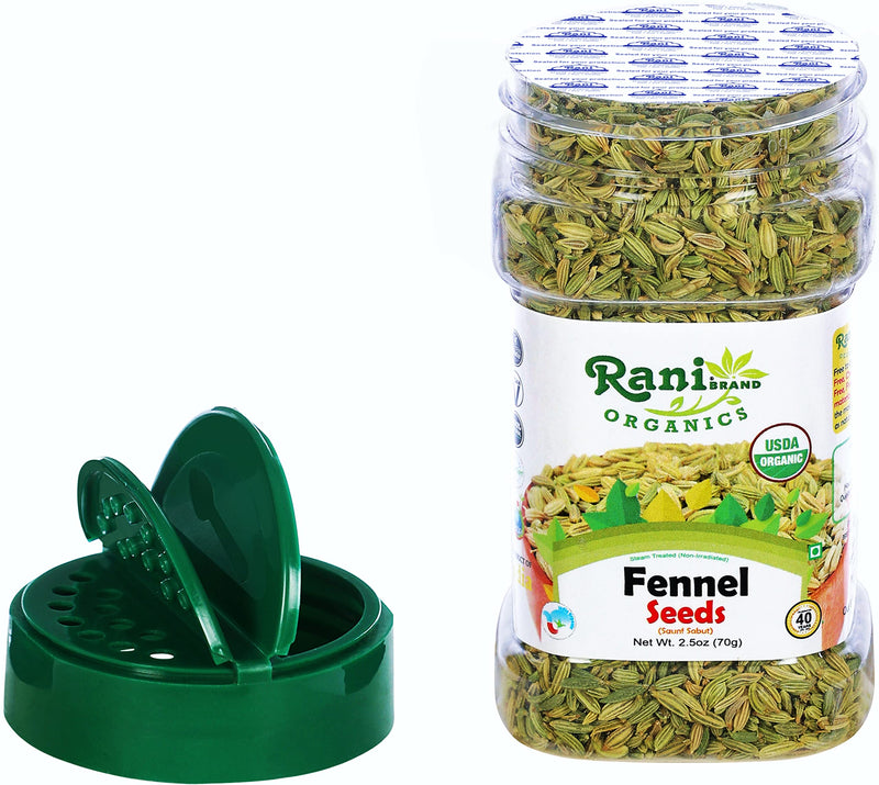 Rani Organic Fennel Seeds (Saunf Sabut) Whole Spice 2.5oz (70g) PET Jar ~ All Natural | Gluten Friendly | Indian Origin | USDA Certified Organic