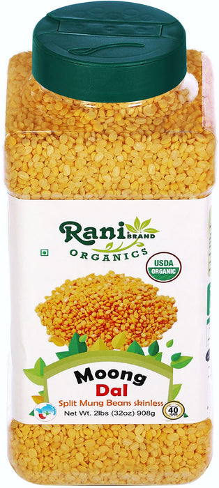 Rani Organic Moong Dal (Split Moong Beans Skinless) Indian Lentils 32oz (2lbs) 908g PET Jar ~ All Natural | Vegan | USDA Certified Organic