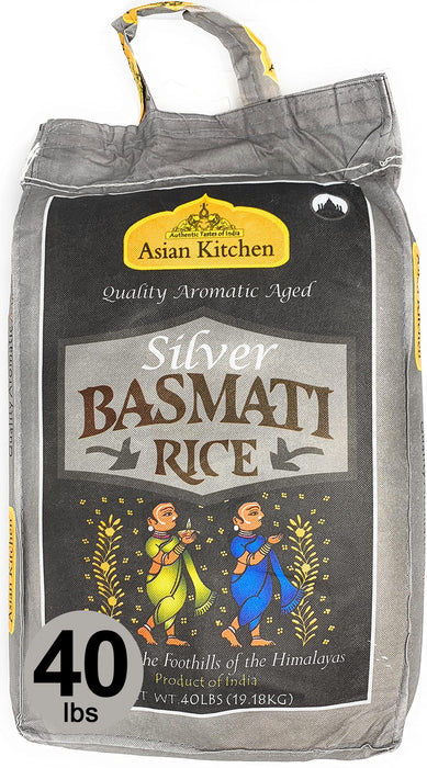 Asian Kitchen Silver White Basmati Rice Aged 40lbs (18.18kg) ~ All Natural | Gluten Friendly | Vegan | Indian Origin | Export Quality