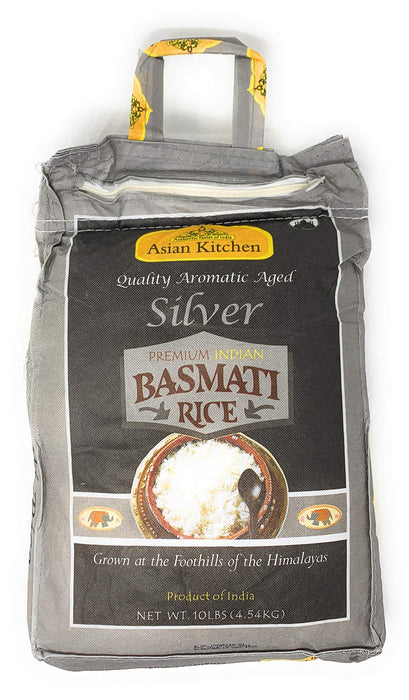 Asian Kitchen Silver White Basmati Rice Aged, 10 Pound (10lbs, 4.54kg) ~ All Natural | Gluten Friendly | Vegan | Indian Origin | Export Quality