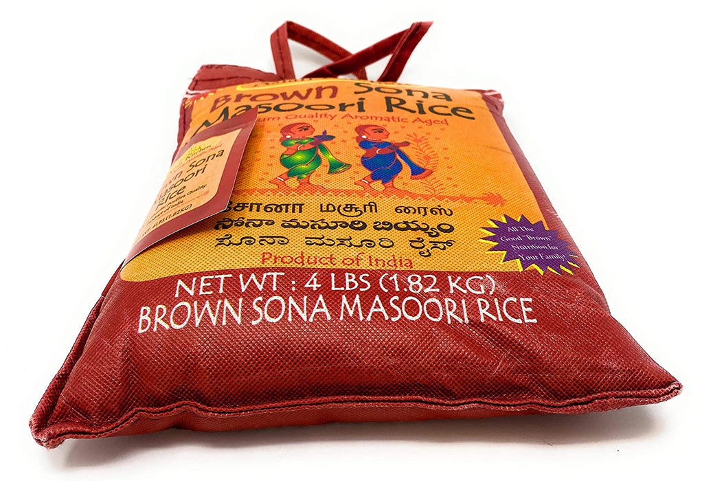 Asian Kitchen Brown Sona Masoori Aged Rice 4lbs (1.81kg) Short Grain Rice ~ All Natural | Gluten Friendly | Vegan | Indian Origin | Export Quality