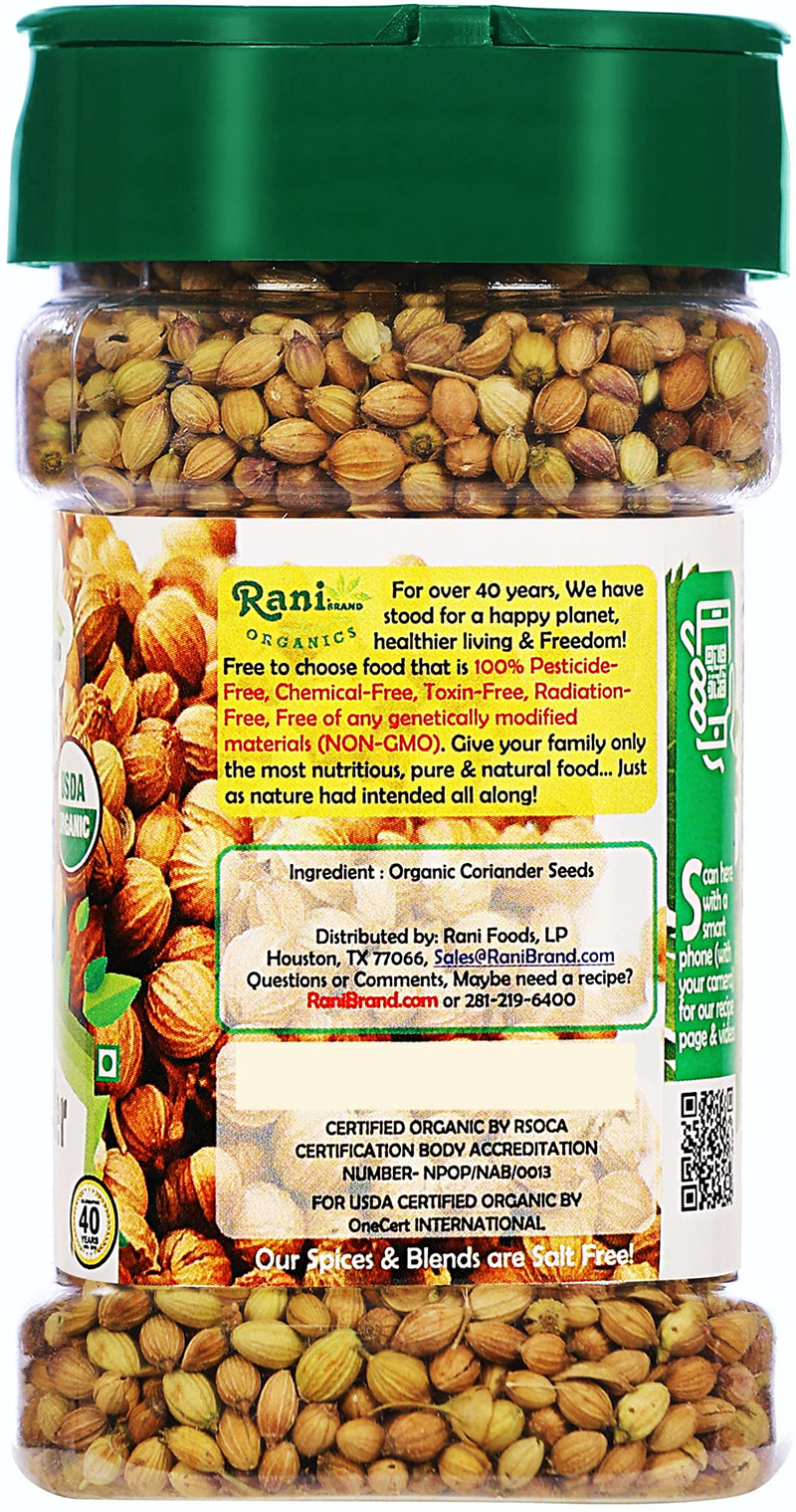 Rani Organic Coriander Seeds Whole (Dhania Sabut) 1.5oz (42g) PET Jar ~ All Natural | Vegan | Gluten Friendly | Indian Origin | USDA Certified Organic