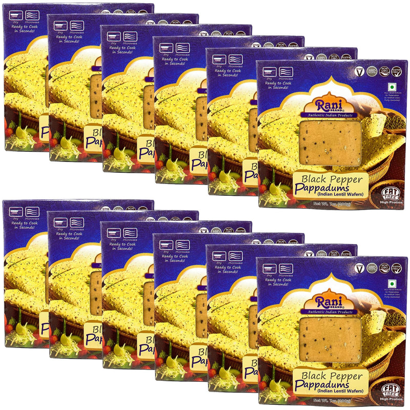 Rani Pappadums (Indian Lentil Wafer Snack) Black Pepper Papad 7oz (200g) Approximately 15pc, 7 inches, Pack of 12 ~ All Natural | Gluten Friendly | NON-GMO