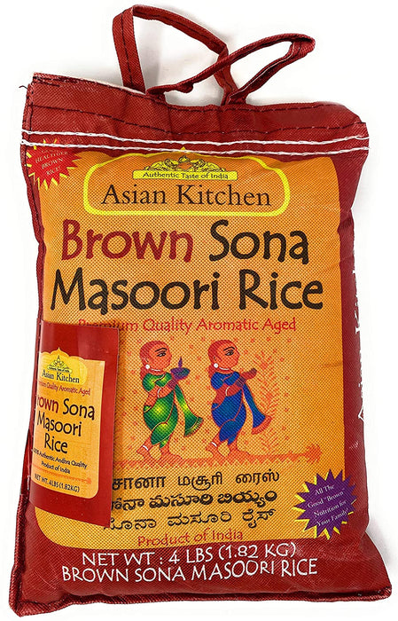 Asian Kitchen Brown Sona Masoori Aged Rice 4lbs (1.81kg) Short Grain Rice ~ All Natural | Gluten Friendly | Vegan | Indian Origin | Export Quality