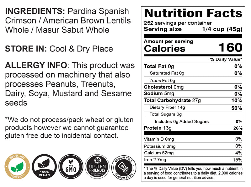 Rani Desi Masoor (Masur) Whole 400oz (25lbs) 11.36kg (aka. Pardina Spanish / American Brown Lentils Whole) Bulk Box ~ All Natural | Vegan | Gluten Friendly | Product of USA