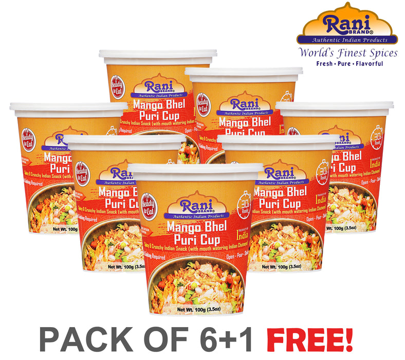 Rani Mango Bhel Puri Cup (Spicy & Crunchy Indian Snack w/ mouth watering Indian Chutneys) 3.5oz (100g), Pack of 6+1 FREE ~ Ready to Eat | Vegan | NON-GMO | Indian Origin