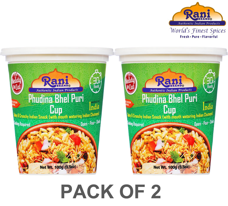 Rani Pudina Bhel Puri Cup (Spicy & Crunchy Indian Snack w/ mouth watering Indian Chutneys) 3.5oz (100g), Pack of 2 ~ Ready to Eat | Vegan | NON-GMO | Indian Origin
