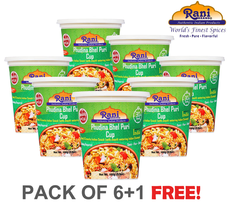 Rani Pudina Bhel Puri Cup (Spicy & Crunchy Indian Snack w/ mouth watering Indian Chutneys) 3.5oz (100g), Pack of 6+1 FREE ~ Ready to Eat | Vegan | NON-GMO | Indian Origin