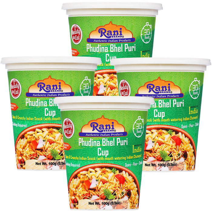 Rani Pudina Bhel Puri Cup (Spicy & Crunchy Indian Snack w/ mouth watering Indian Chutneys) 3.5oz (100g), Pack of 4 ~ Ready to Eat | Vegan | NON-GMO | Indian Origin