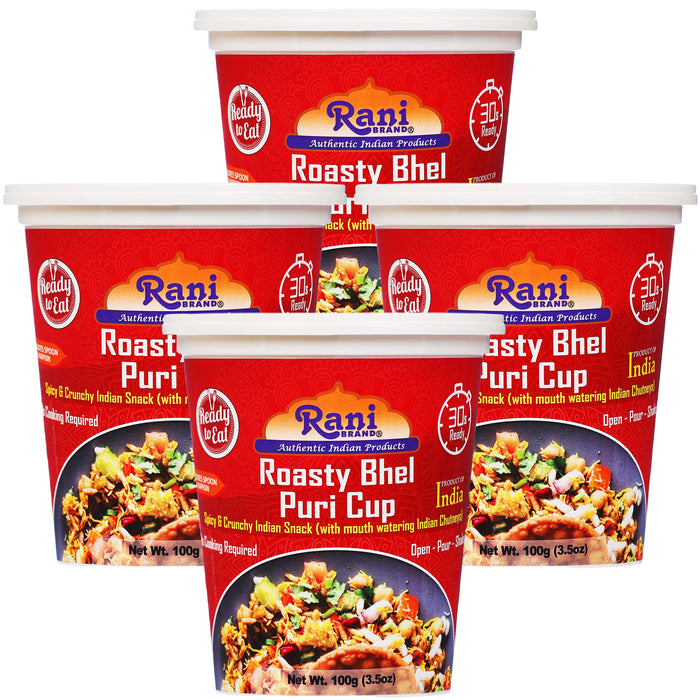 Rani Roasty Bhel Puri Cup (Spicy & Crunchy Indian Snack w/ mouth watering Indian Chutneys) 3.5oz (100g), Pack of 4 ~ Ready to Eat | Vegan | NON-GMO | Indian Origin