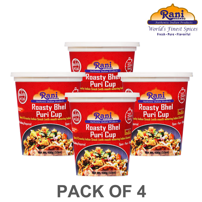 Rani Roasty Bhel Puri Cup (Spicy & Crunchy Indian Snack w/ mouth watering Indian Chutneys) 3.5oz (100g), Pack of 4 ~ Ready to Eat | Vegan | NON-GMO | Indian Origin