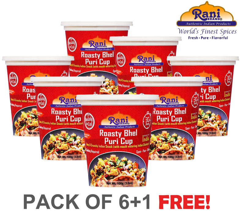 Rani Roasty Bhel Puri Cup (Spicy & Crunchy Indian Snack w/ mouth watering Indian Chutneys) 3.5oz (100g), Pack of 6+1 FREE ~ Ready to Eat | Vegan | NON-GMO | Indian Origin
