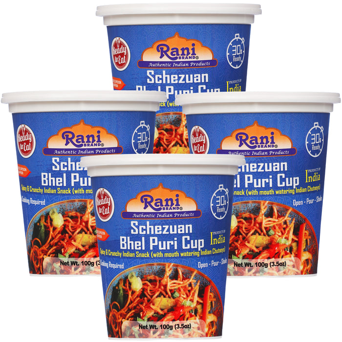 Rani Schezuan Bhel Puri Cup (Spicy & Crunchy Indian Snack w/ mouth watering Indian Chutneys) 3.5oz (100g), Pack of 4 ~ Ready to Eat | Vegan | NON-GMO | Indian Origin