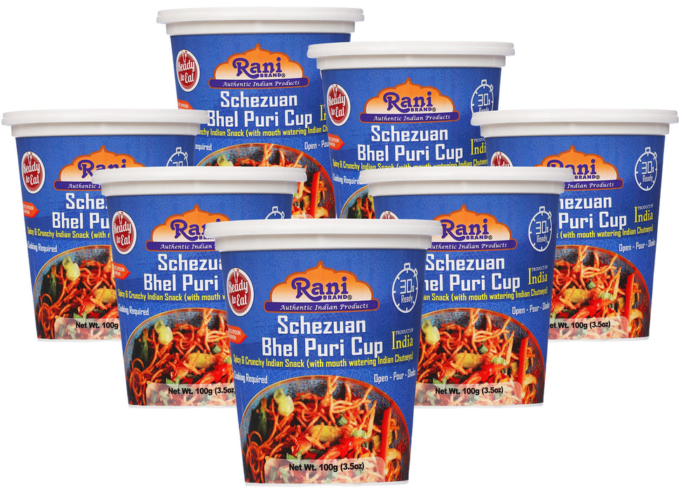 Rani Schezuan Bhel Puri Cup (Spicy & Crunchy Indian Snack w/ mouth watering Indian Chutneys) 3.5oz (100g), Pack of 6+1 FREE ~ Ready to Eat | Vegan | NON-GMO | Indian Orgin
