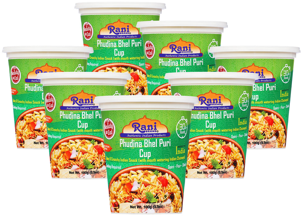 Rani Pudina Bhel Puri Cup (Spicy & Crunchy Indian Snack w/ mouth watering Indian Chutneys) 3.5oz (100g), Pack of 6+1 FREE ~ Ready to Eat | Vegan | NON-GMO | Indian Origin