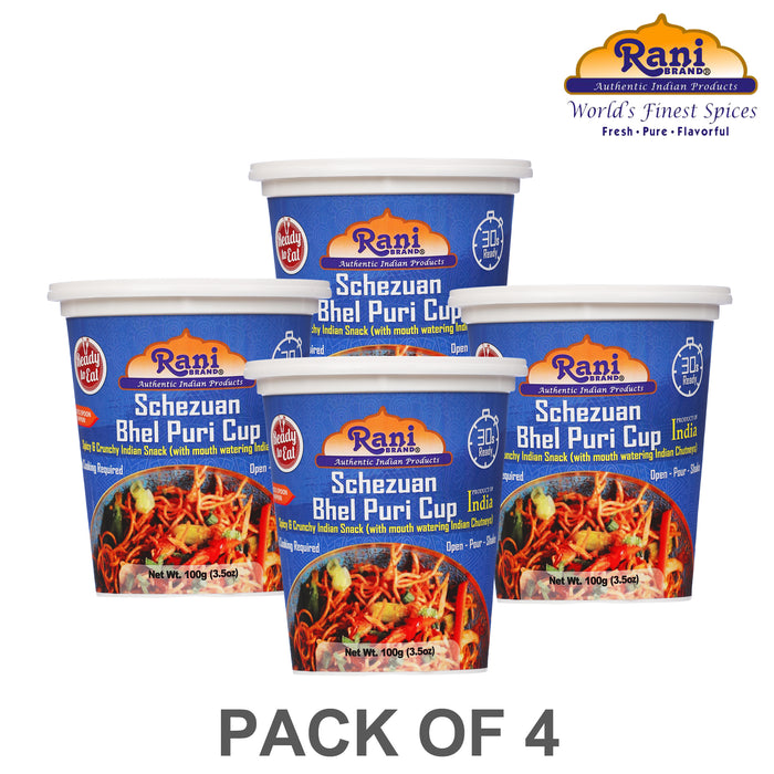 Rani Schezuan Bhel Puri Cup (Spicy & Crunchy Indian Snack w/ mouth watering Indian Chutneys) 3.5oz (100g), Pack of 4 ~ Ready to Eat | Vegan | NON-GMO | Indian Origin