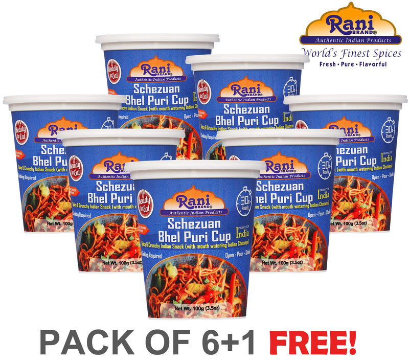 Rani Schezuan Bhel Puri Cup (Spicy & Crunchy Indian Snack w/ mouth watering Indian Chutneys) 3.5oz (100g), Pack of 6+1 FREE ~ Ready to Eat | Vegan | NON-GMO | Indian Orgin